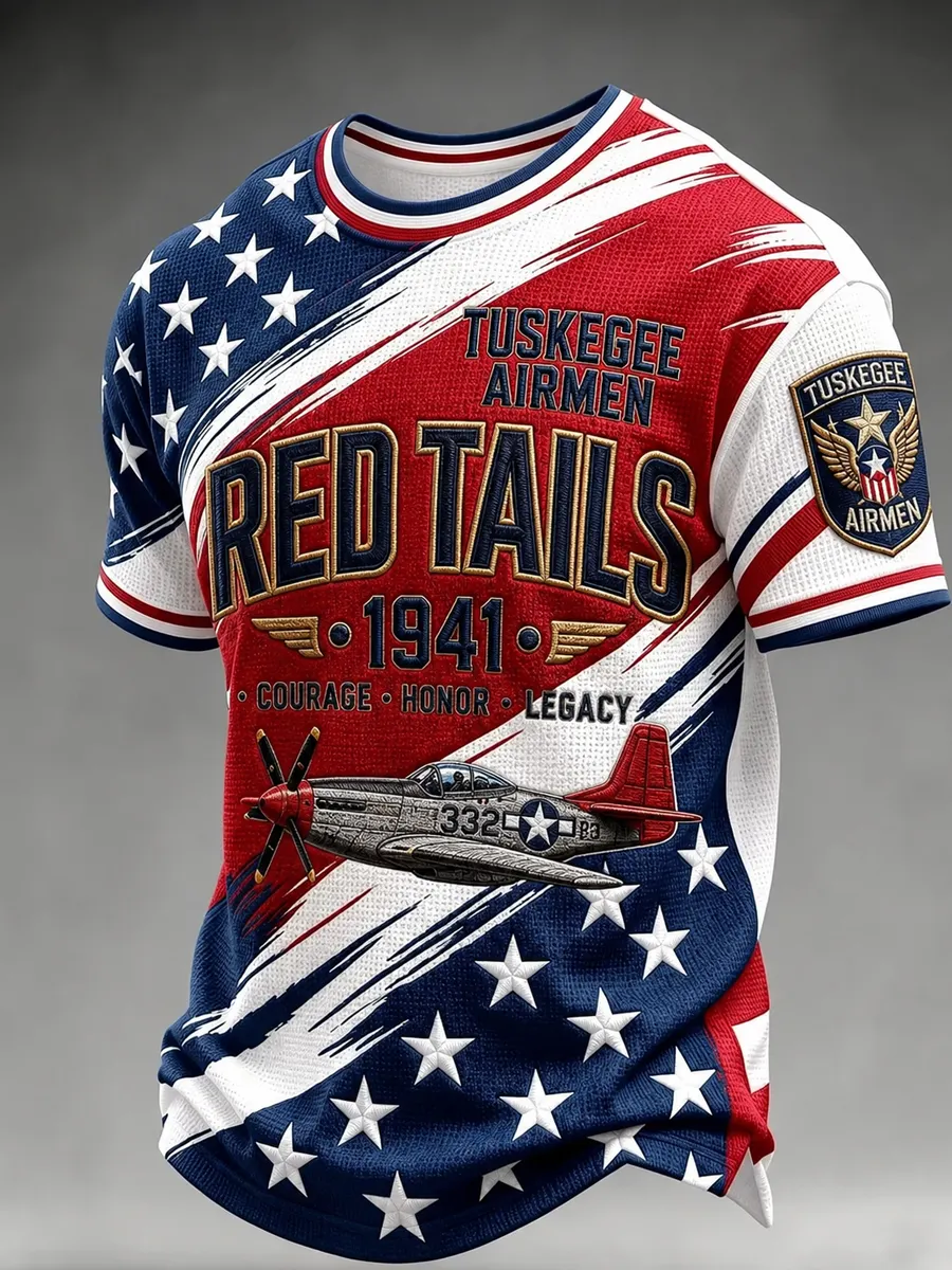 Men's Retro Tuskegee Pilot Red Tail Print  Casual T-Shirt