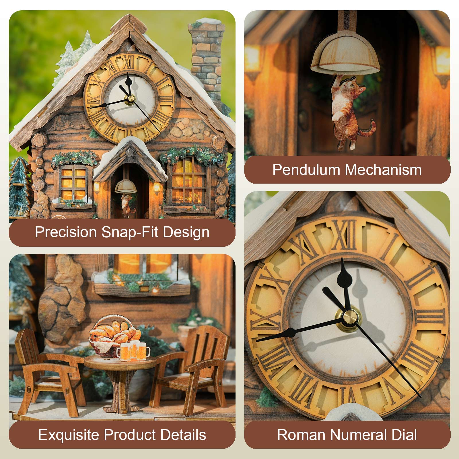 Swiss Chalet DIY Wooden Clock, 3D Puzzle Craft Kit