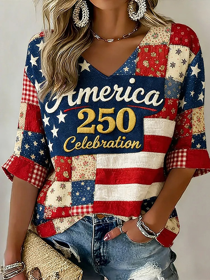 Women's Us 250th Anniversary With Floral Patchwork Art Casual T Shirt