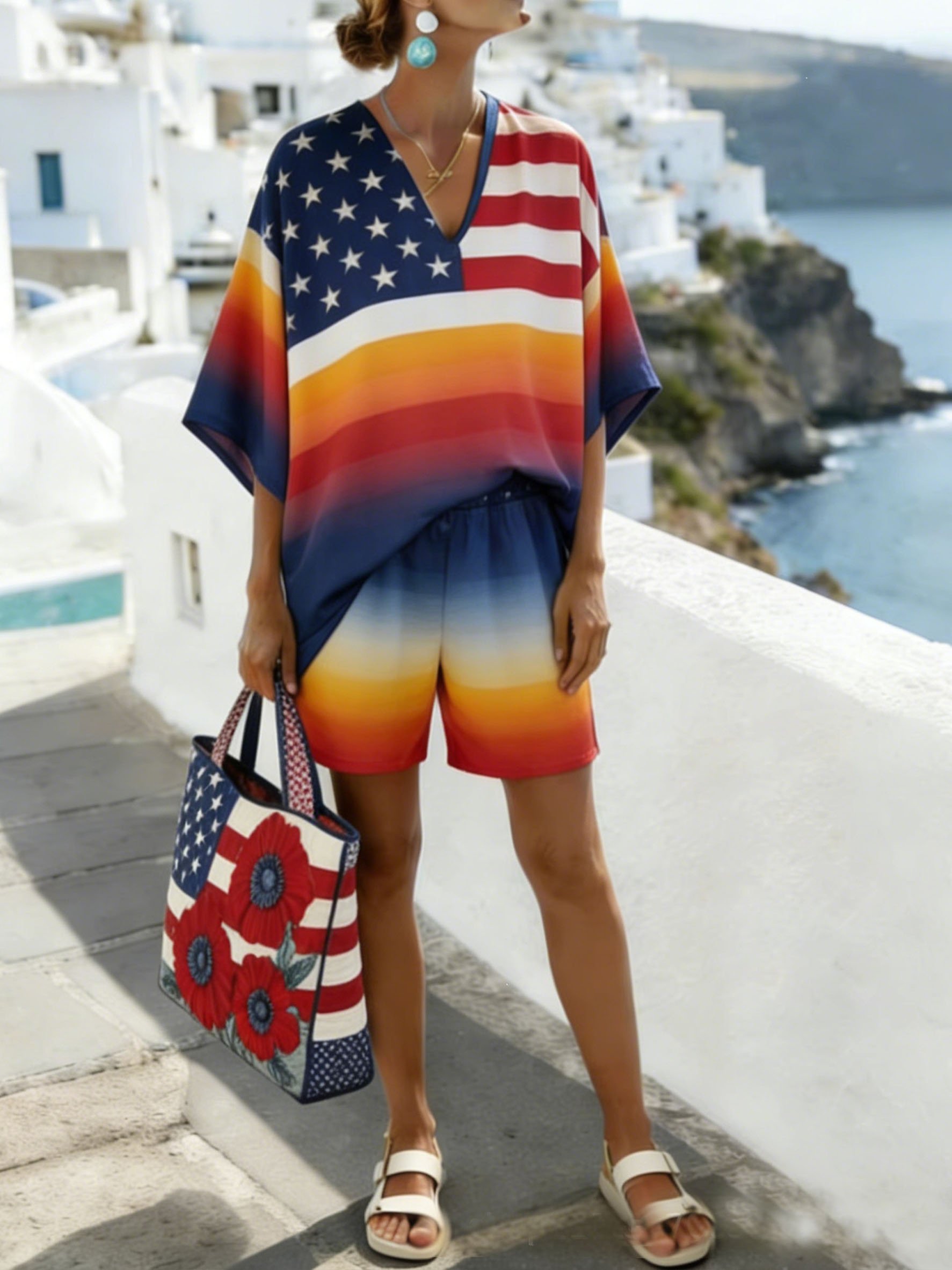 Women Ombre Two-Piece Set Daily Short Sleeve Casual Summer Short Sets Matching Set