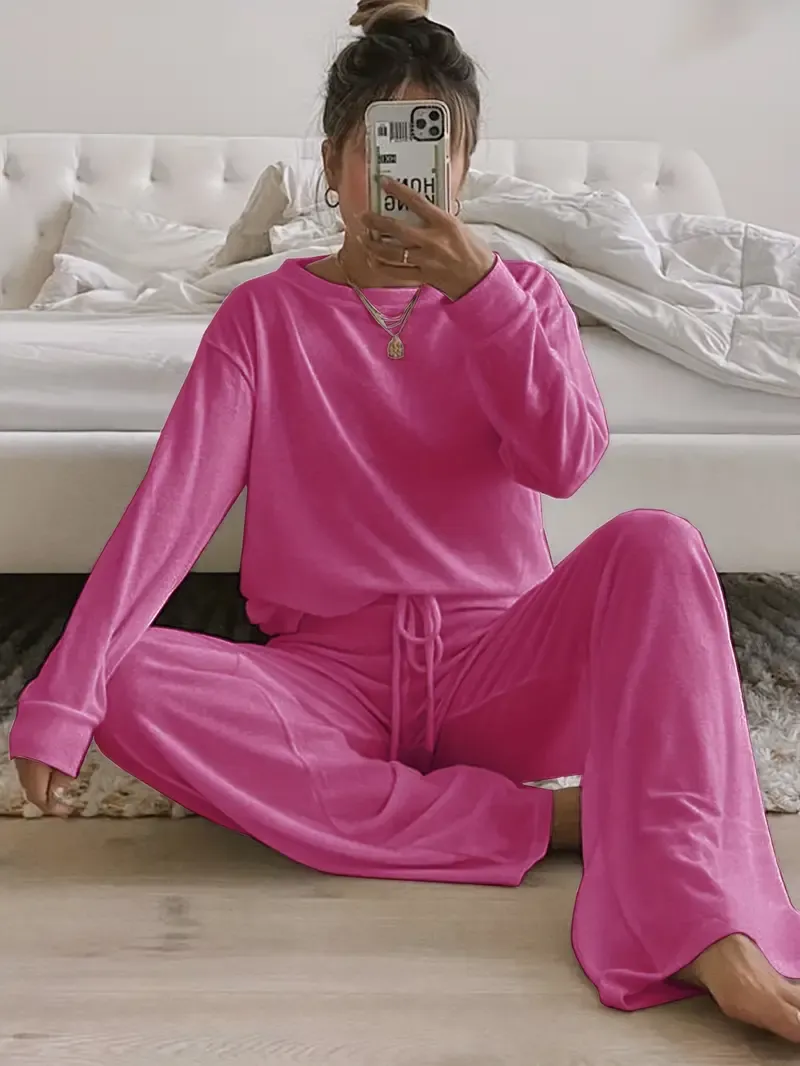 Women's Solid Casual Lounge Set, Long Sleeve Round Neck Top & Elastic Drawstring Pants, Comfortable Relaxed Fit For Fall