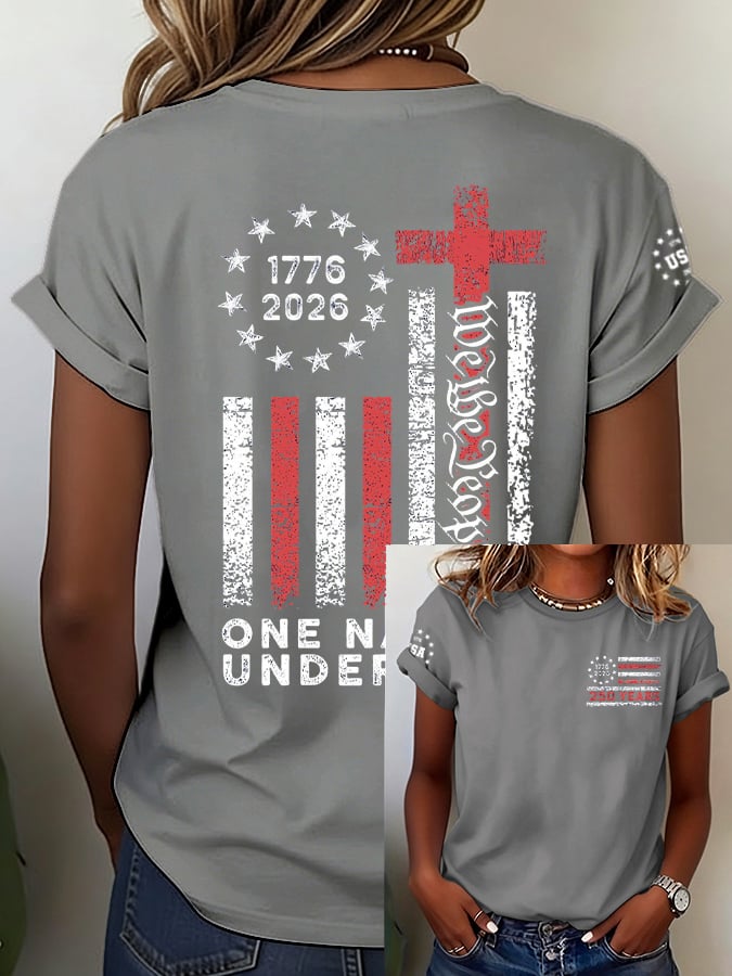 Women's Vintage USA 250th Anniversary One Nation Under God Print Casual T-shirt