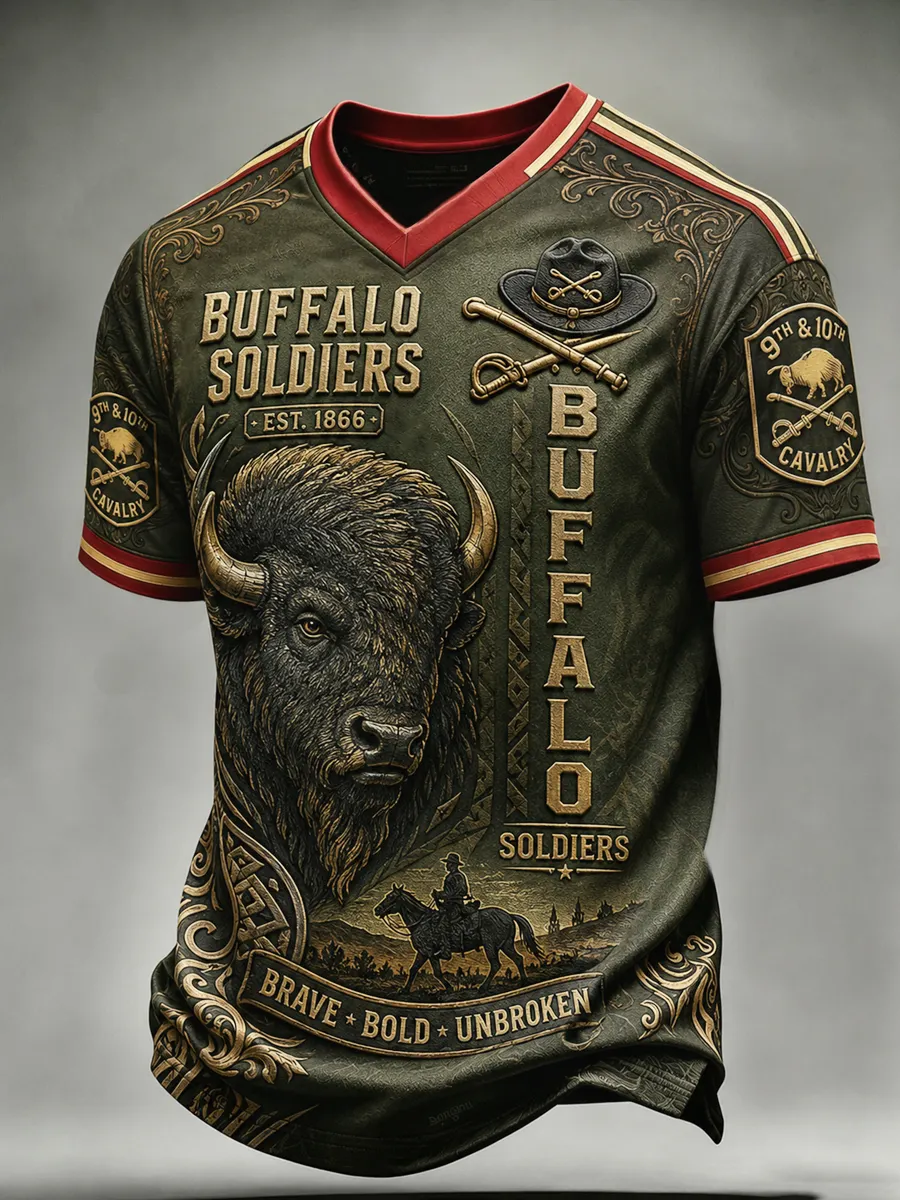 Men's Retro Buffalo Soldier Print Casual T-Shirt