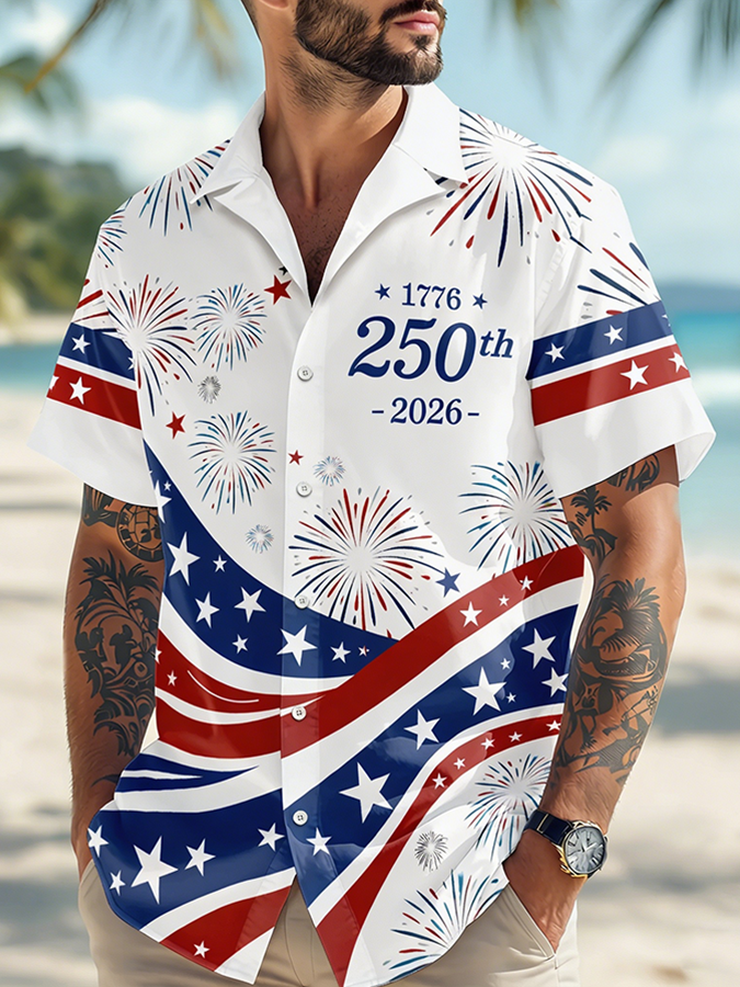 Men's 1776-2026 American Flag Firework USA Independence Day Beach Shirt