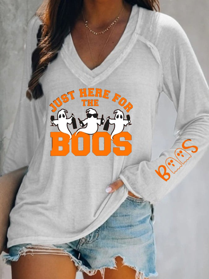 Women's Funny Halloween I’m Just Here for the Boos Printed V-Neck Long Sleeve Top