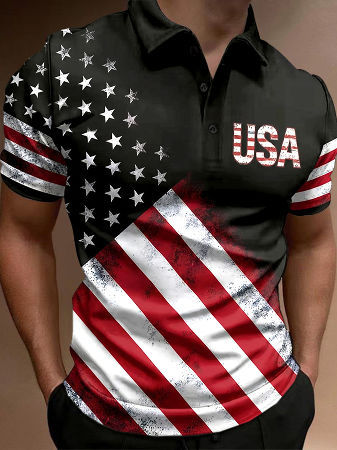 Men'S Casual Short Sleeved Polo Shirt For American Anniversary Celebration