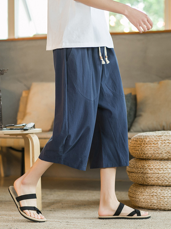 Men's Casual Linen Loose Fit Elastic Waist Wide Leg Harem Capri Pants