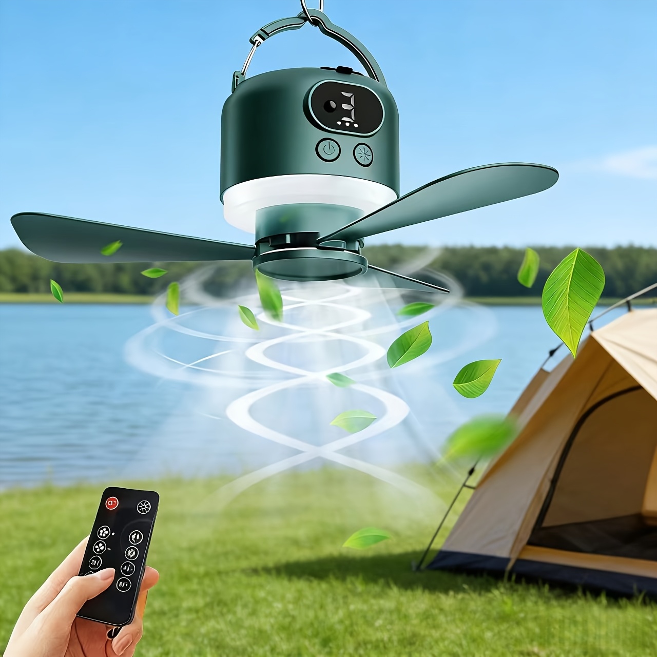 Portable Camping Ceiling Fan Camping Fan 10400mAh, USB Rechargeable Tent Fan, with Remote Control, LED Lights, Detachable Fan Blades