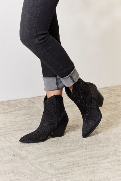 Star of the Show Rhinestone Ankle Cowboy Boots in Black