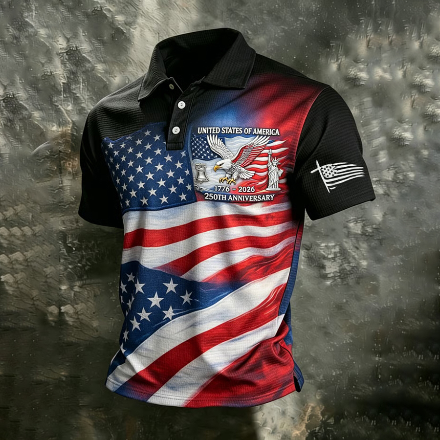 Men'S Casual American Flag Gradient Personalized Printed Short Sleeved Polo Shirt