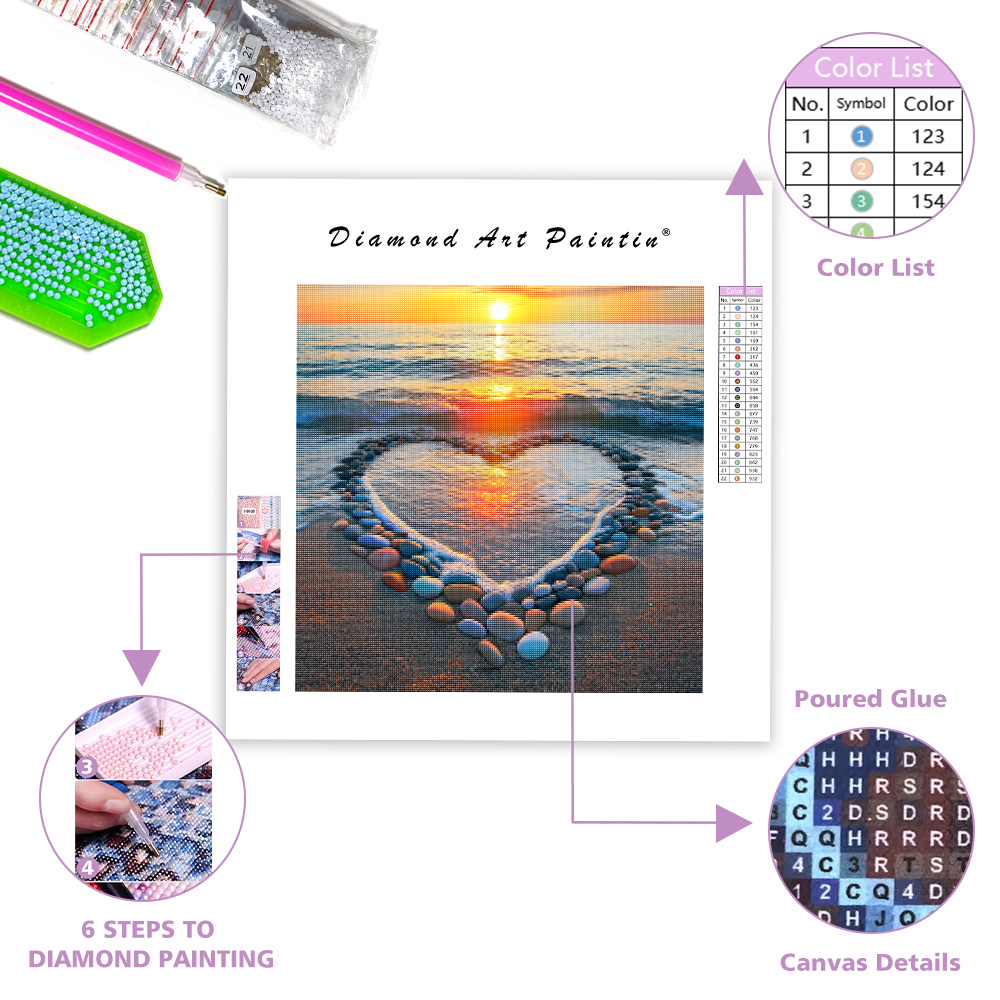 Heart-Shaped Beach Sunset - Diamond Painting