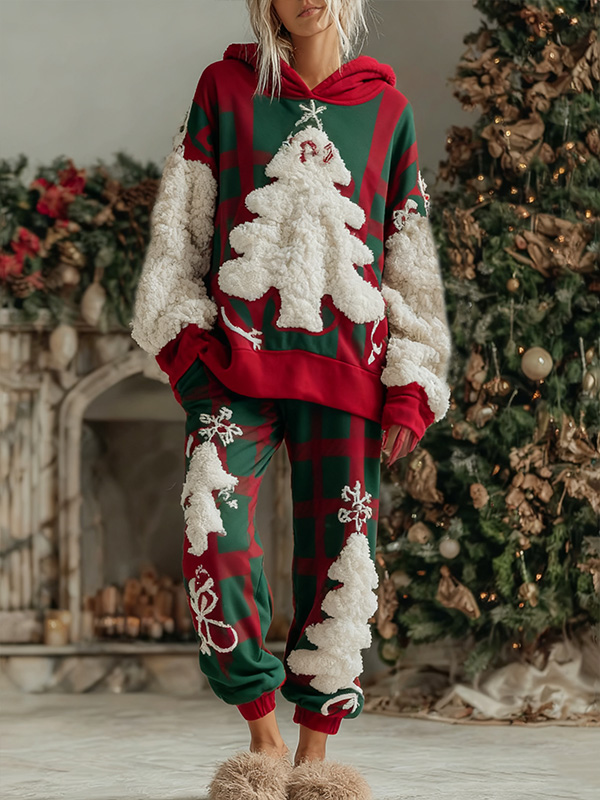 Women's Christmas Tree Plaid Print Hoodie Casual Sweatpants Matching Set