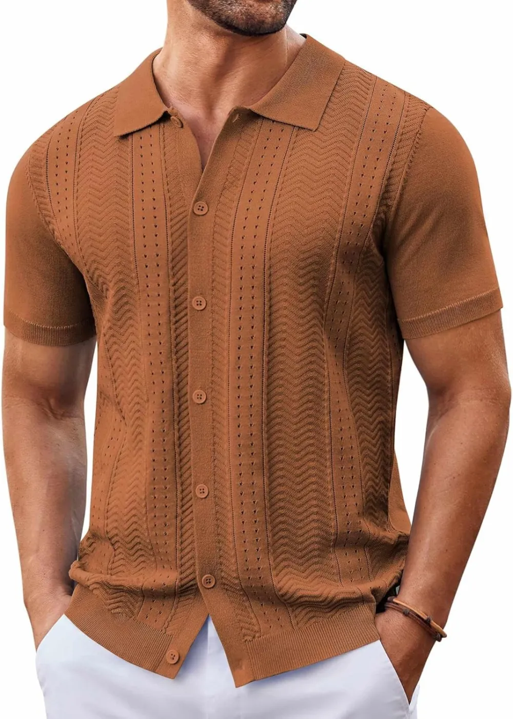 Mens Knit Button Down Shirt Short Sleeve Summer Casual Shirts Vintage Beach Vacation Shirts