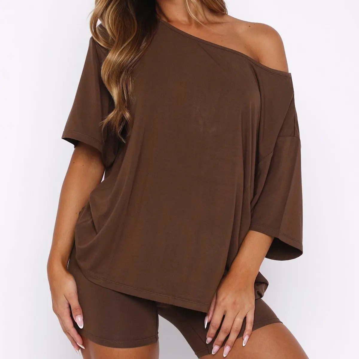 Women's Off-Shoulder Lounge Set Casual Top & Fitted Shorts