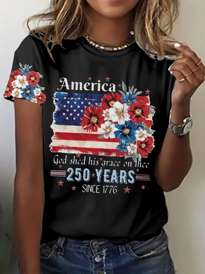 Ladies' Casual 250Th Anniversary Celebration Of The Founding Of The United States Floral Print Round Neck T-Shirt