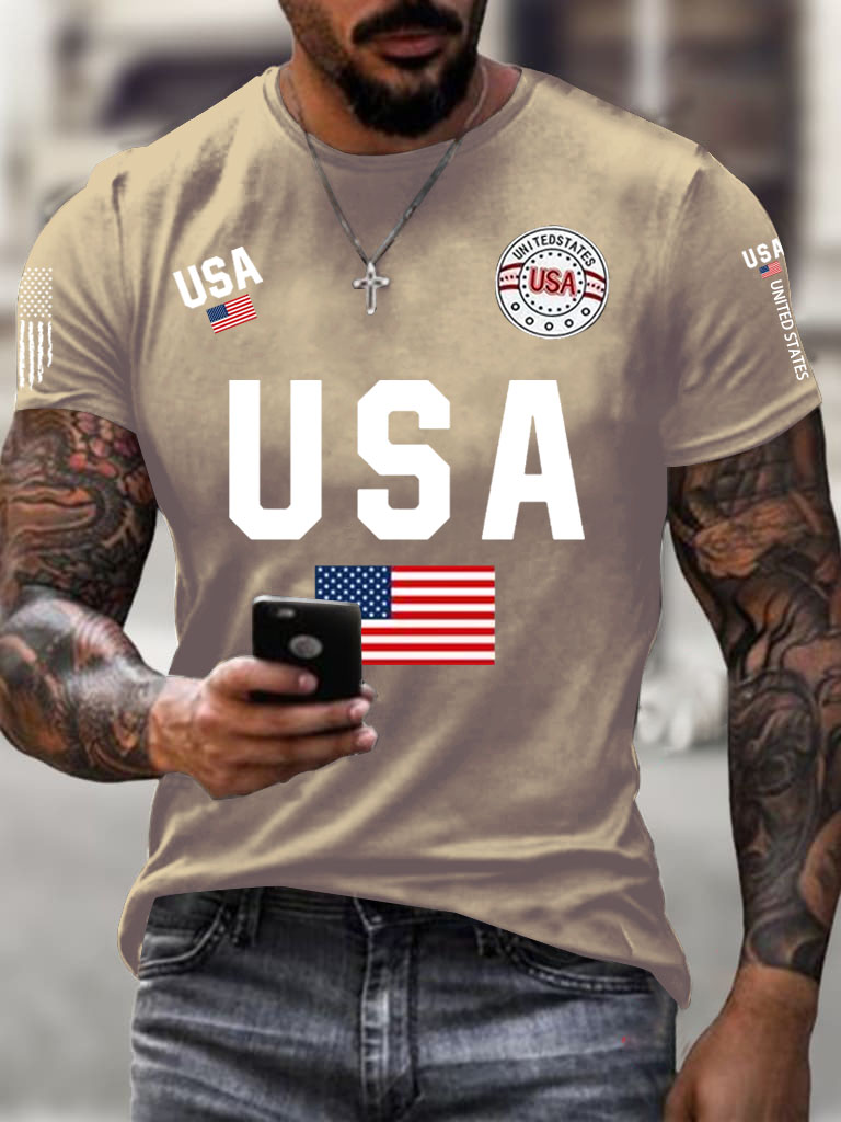 Men'S Classic Short Sleeved T-Shirt With American Flag Print