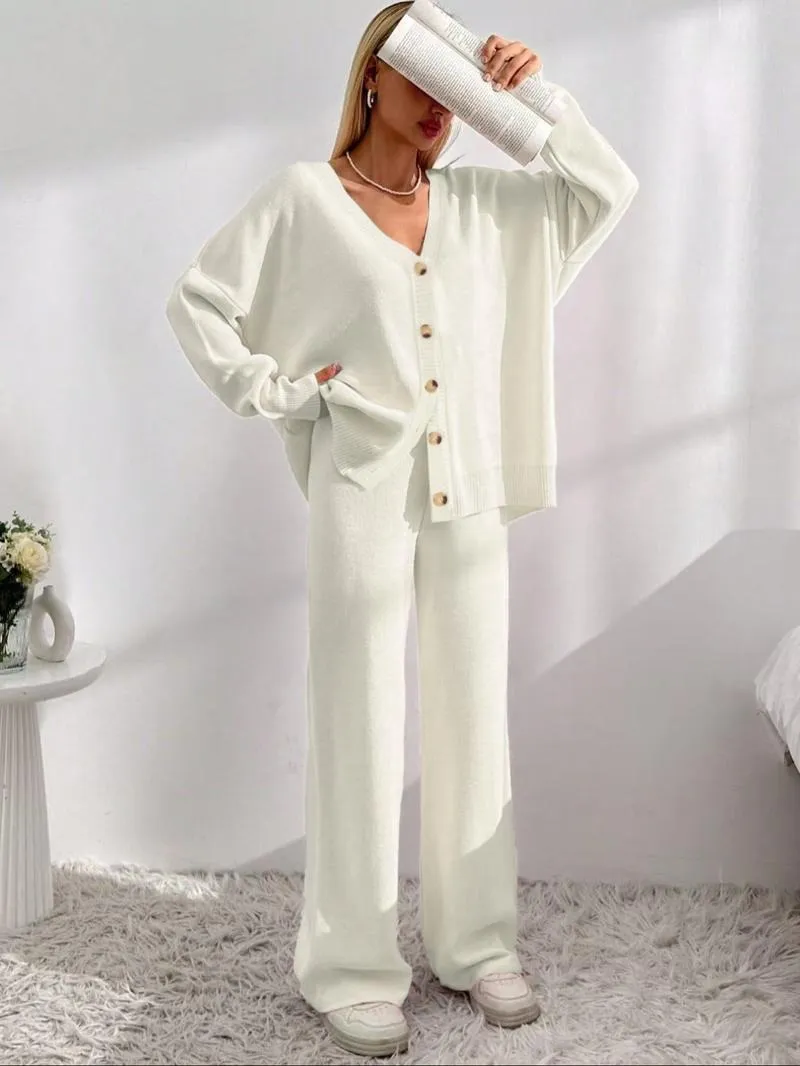 Women's Solid Button Front Drop Shoulder V Neck Cardigan & Elastic Waist Wide Leg Pants Two-piece Set, Matching Clothing Set