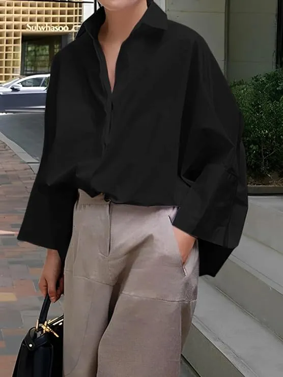 Womens Cotton Button Down Shirt Casual 3/4 Sleeve Loose Fit