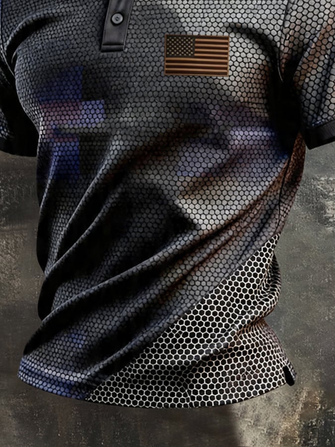 Men's Retro Patriotic Color-Block Short-Sleeve Polo Shirt