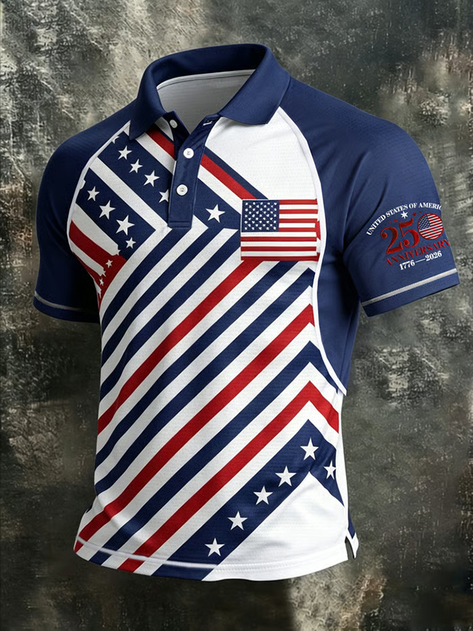 Men'S Retro American Founding Celebration Striped Raglan Polo Shirt