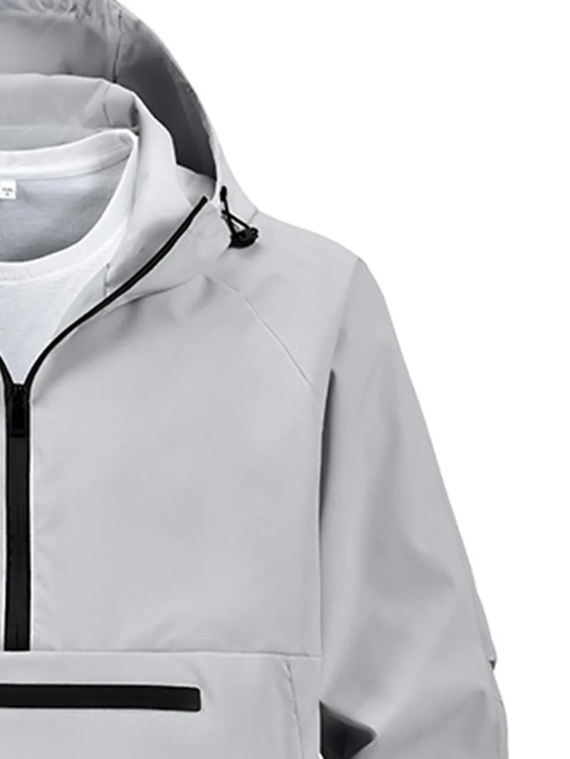 One black half-zip pullover with hoodie, outdoor camping style, large pockets, made of stain-resistant fabric