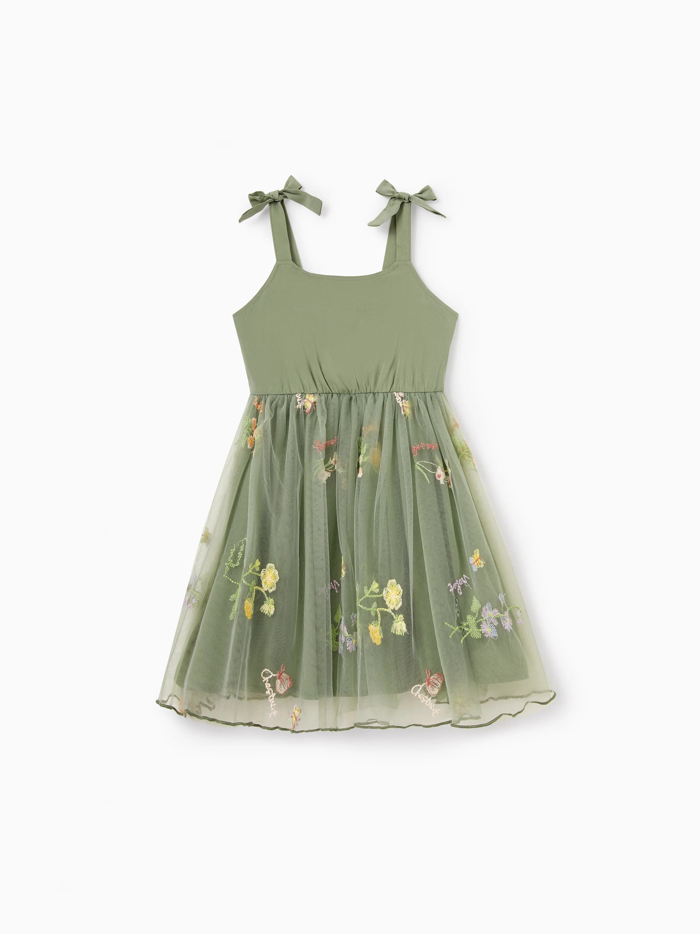 Family Matching Polo Collar Short-sleeve Shirt or V-neck Strappy Mesh Dress  Green