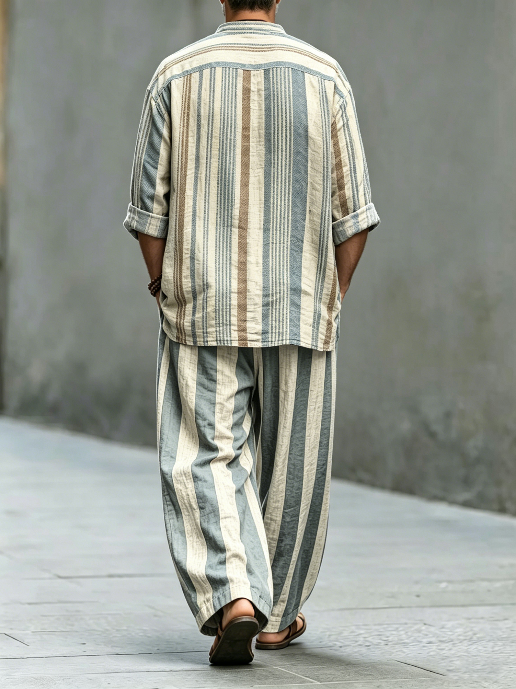 Men's Retro Stripes Art Print Cotton Shirt Set