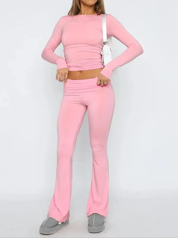 Women'S Solid Long Sleeve Crop Tee & Flare Leg Skinny Pants Loungewear Set