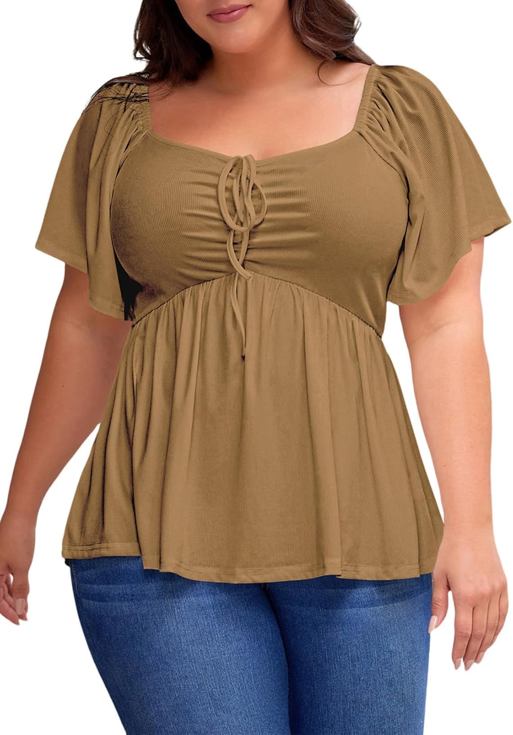 Womens Plus Size Tops Short Sleeve Sweetheart Neck Shirred Peplum Blouse Shirts