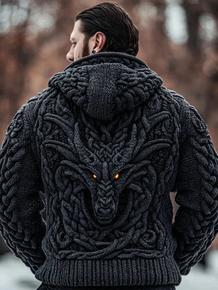Men's Viking Inspired Celtic Dragon Cozy Sweater Cardigan