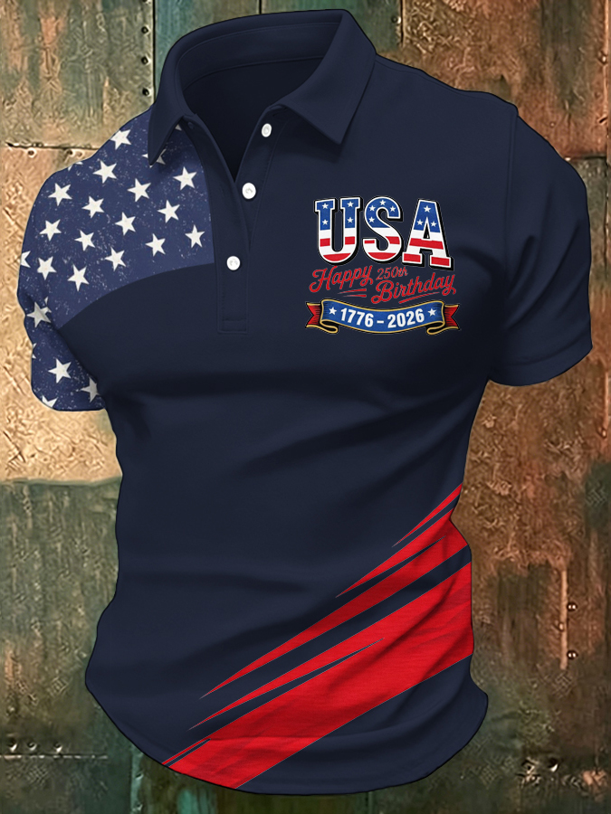 Men'S Retro American Patriots Independence Day 250Th Anniversary Commemorative Lapel Short Sleeved Shirt