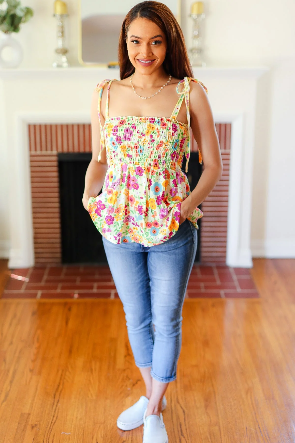 Sunny Days Floral Smocked Shoulder Tie Top in Yellow