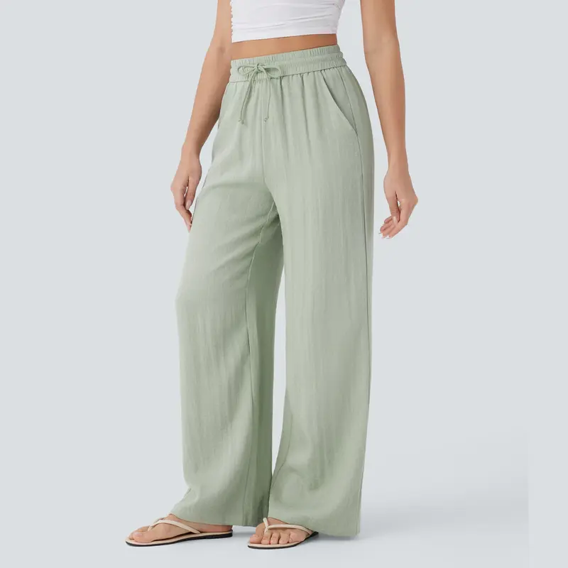 [Creator's Pick] High-Waisted, Drawstring, Pocketed, Wide-Leg Casual Trousers (Faux Linen)