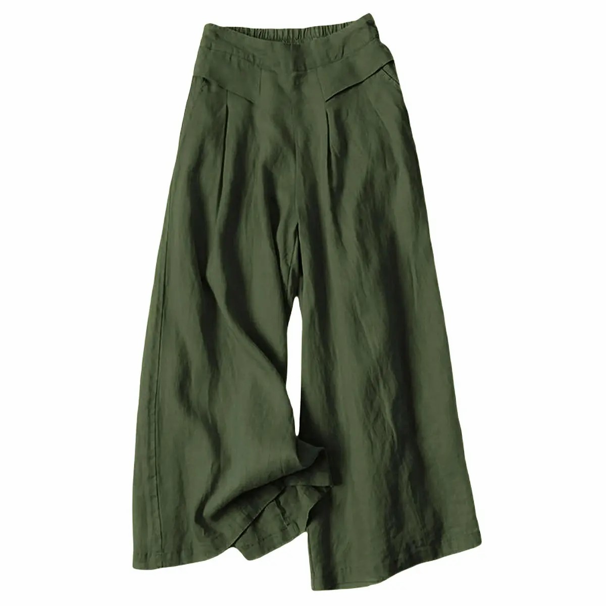 Women's Cotton Linen Wide Leg Culottes – Elastic Waist, Pockets, Minimalist Casual Capri Pants