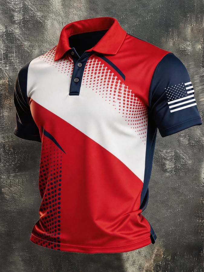 Men's Retro Patriotic Color-Block Short-Sleeve Polo Shirt