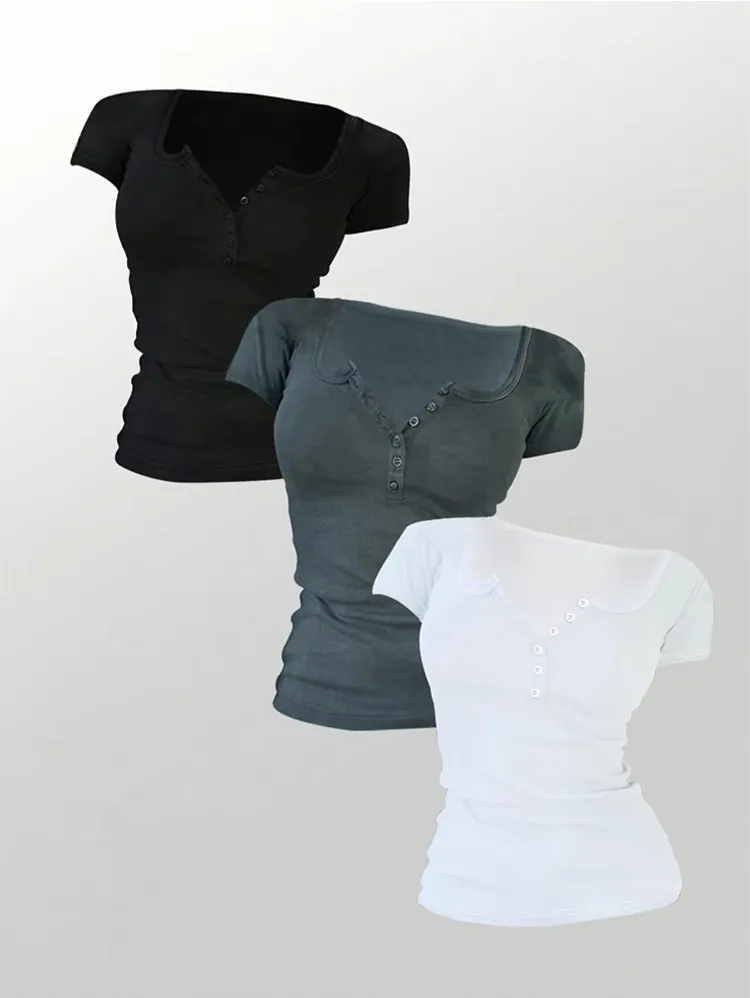 Women's Solid Button Round Neck Tee