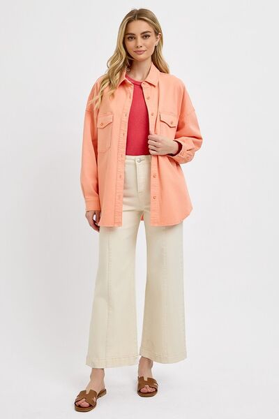 Full Size Button Down Long Sleeve Denim Shacket with Chest Pockets