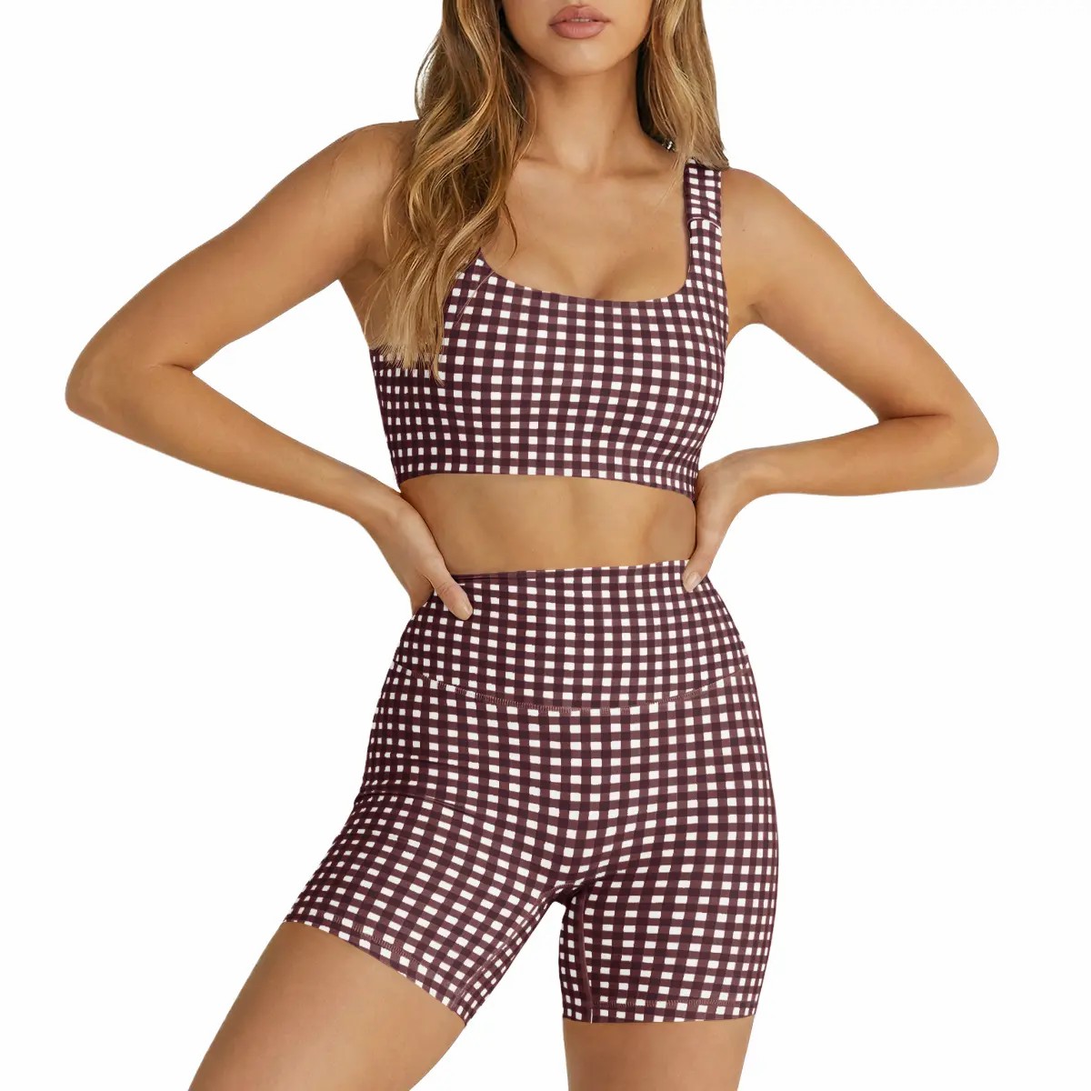 Women's 2-Piece Athleisure Set – Padded Open Back Gingham Crop Tank & High Waisted Seamless Shorts