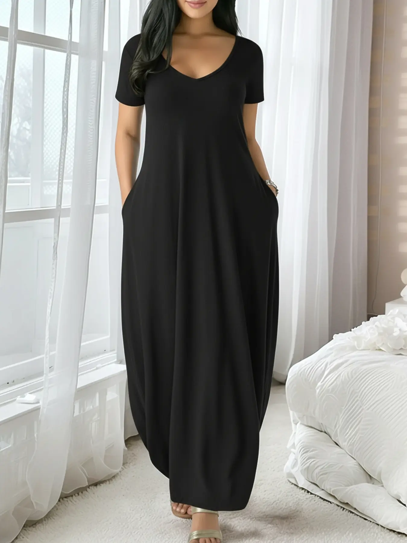 🔥🔥 Last Chance! 6 Pieces for $24.9, Today Only! 🔥Women's Long Coffee Color Dress, Casual Fitted Style, Large Round Neck Short Sleeve Pocket Sleepwear, Soft Fabric All Seasons Wear