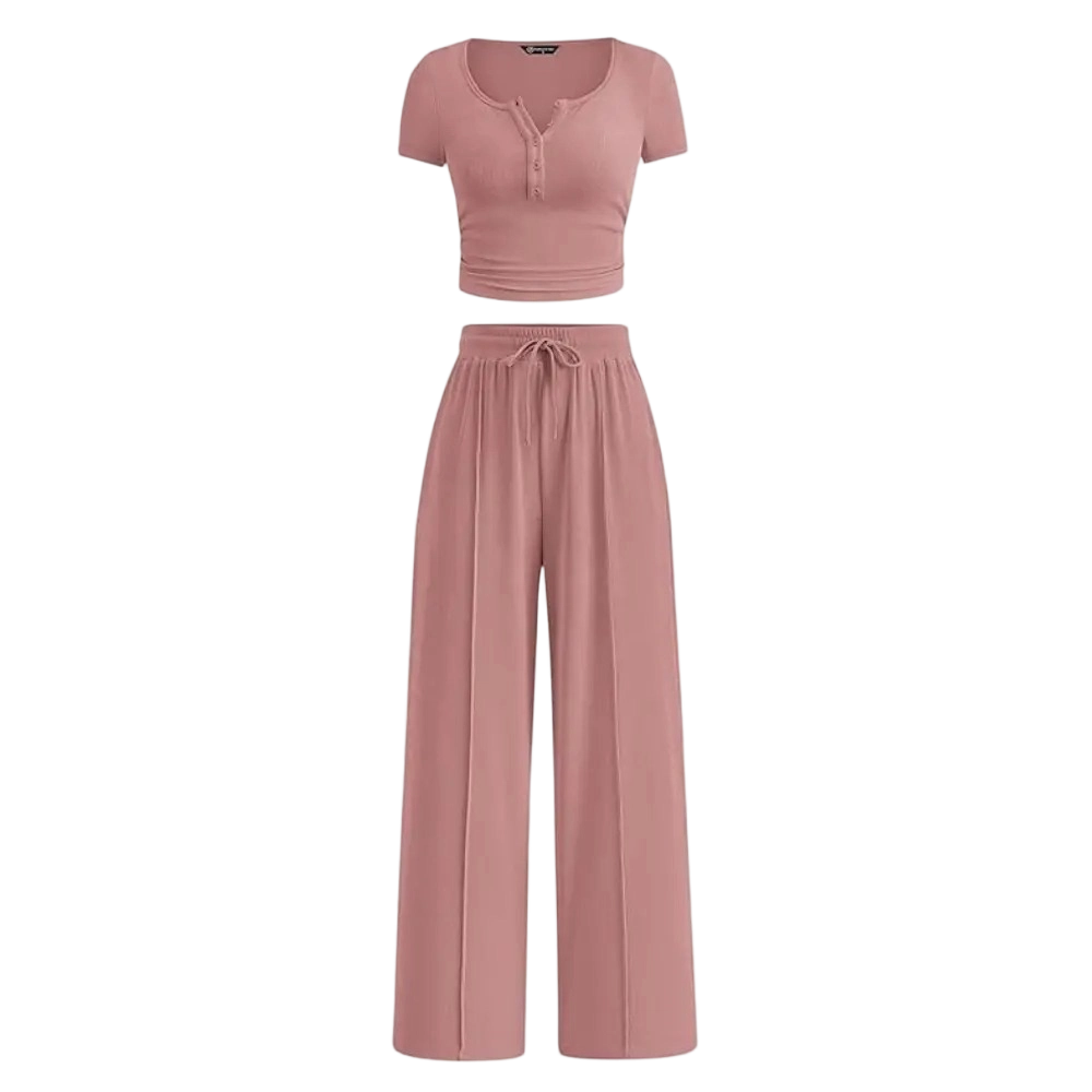 Women's Ribbed Crop Top & Wide Leg Pants Lounge Set