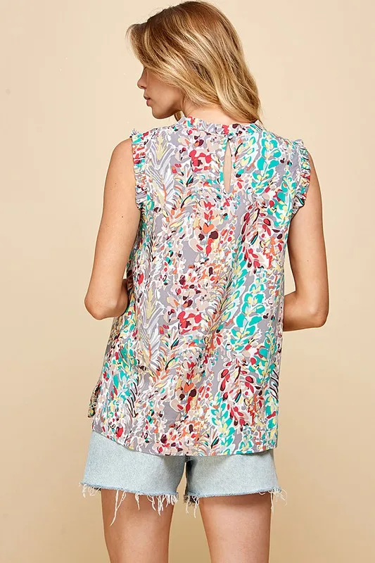 Printed Ruffle Trim Mock Neck Sleeveless Top in Lt Grey