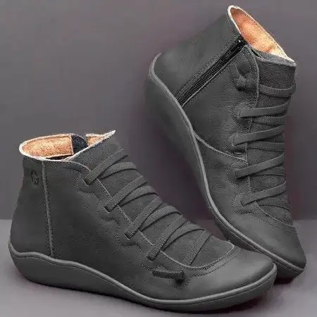 New Leather Ankle Boots Autumn Vintage Lace Up Women Shoes Comfortable Flat Heel Boots Female Zipper Short Boots Dropshipping