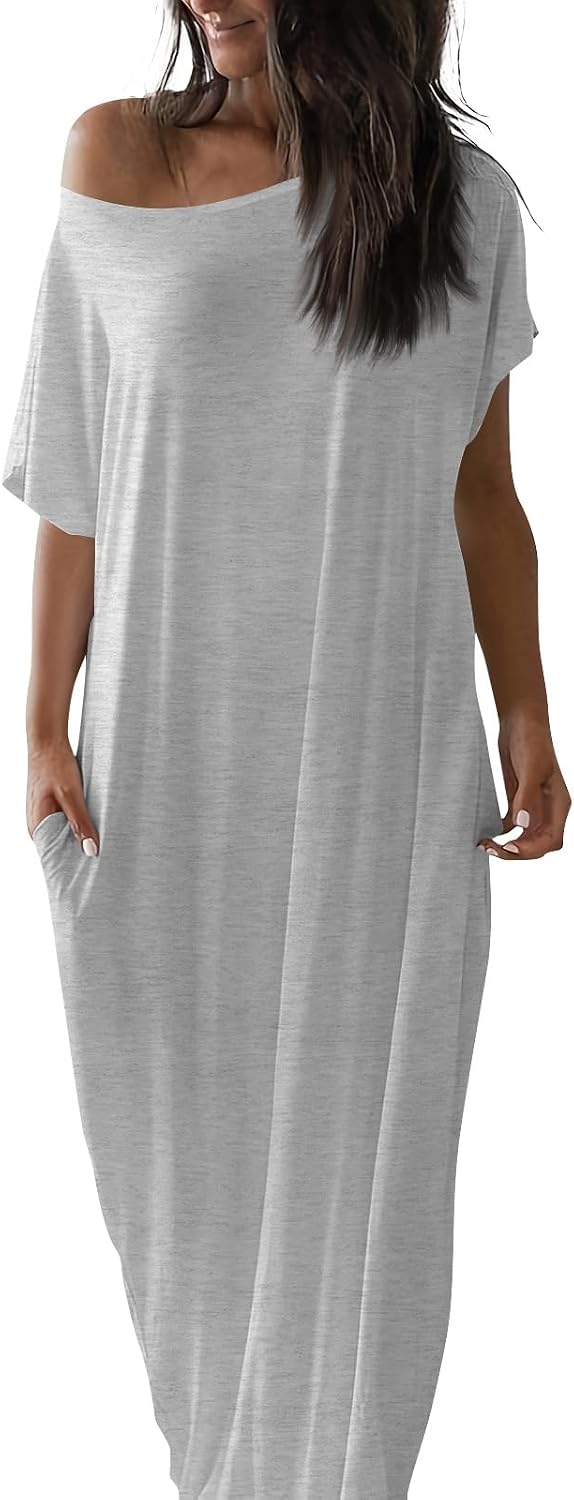 Womens Off the Shoulder Dress Batwing Short Sleeve Long Tshirt Dress with Pockets Casual Summer Loose Lounge Dresses