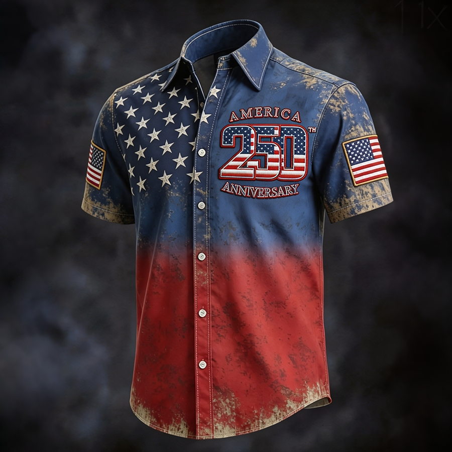 America 250th Anniversary Distressed Gradient Short Sleeve Button Up Shirt