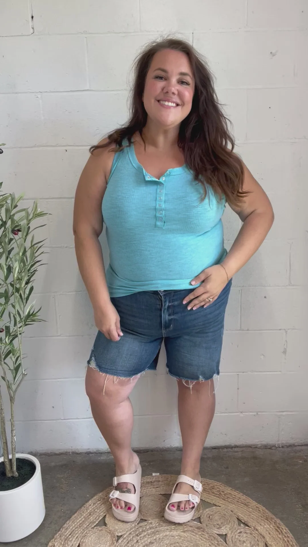 Summer Days Melange Ribbed Henley Button Down Tank in  Ice Blue