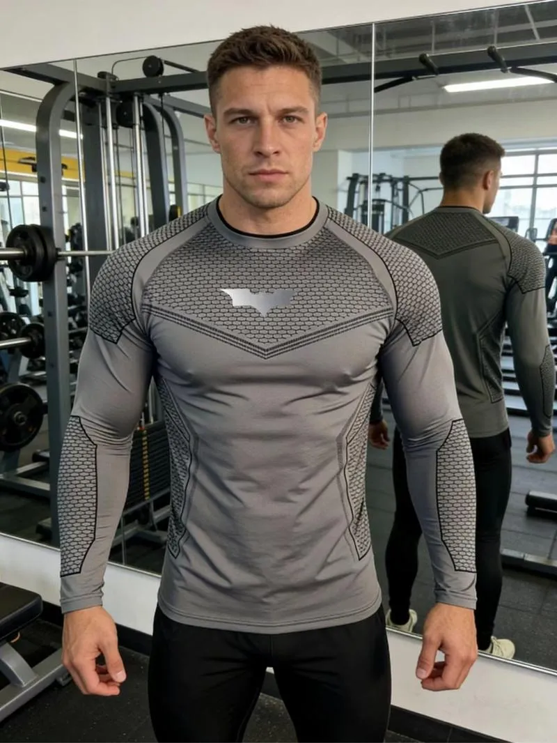 Men's Batman Sports Long Sleeve High Stretch Quick-Dry Fitness Tight Fit Running Ironing Essential