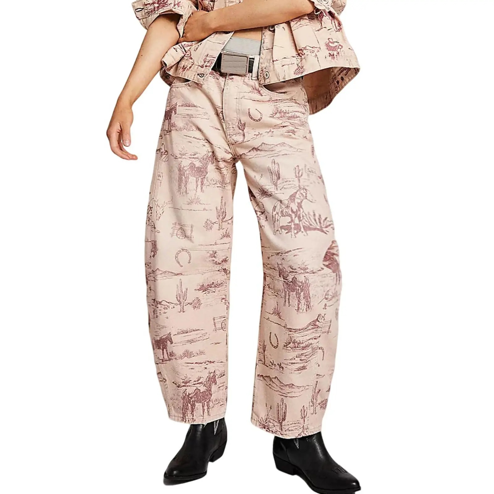 Women’s Printed Wide-Leg Denim Jeans – Y2K Loose Mid-Rise Boho Style