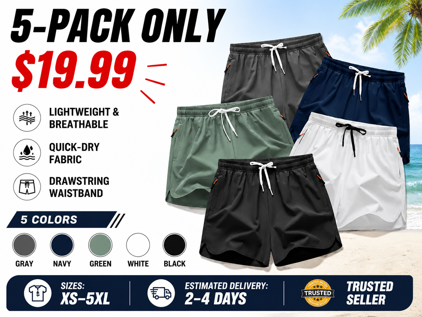 5-Pack – Men's Breathable, Quick-Drying Summer Beach Shorts