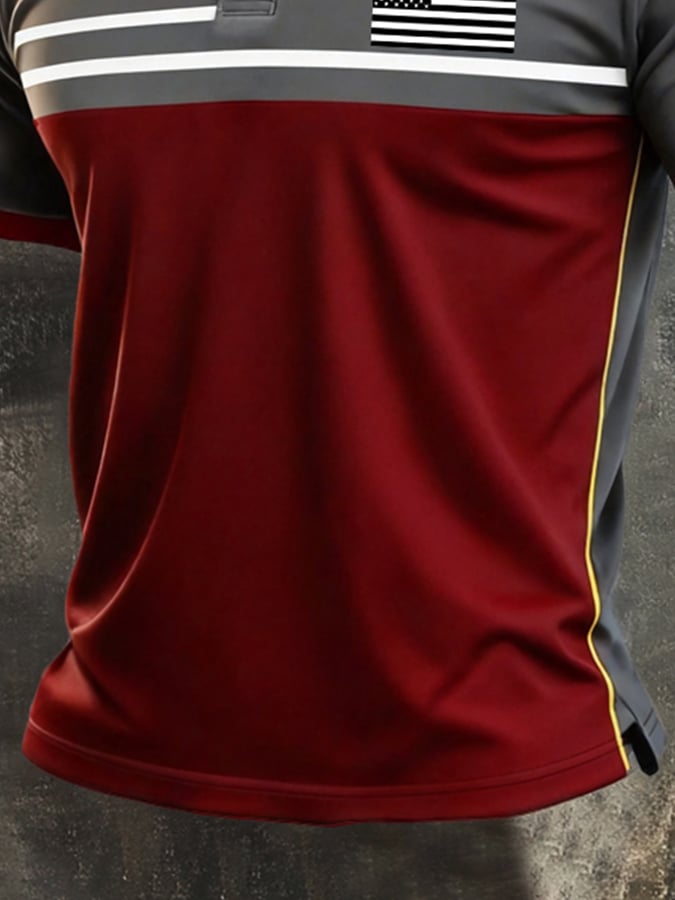 Men's Retro Patriotic Color-Block Short-Sleeve Polo Shirt
