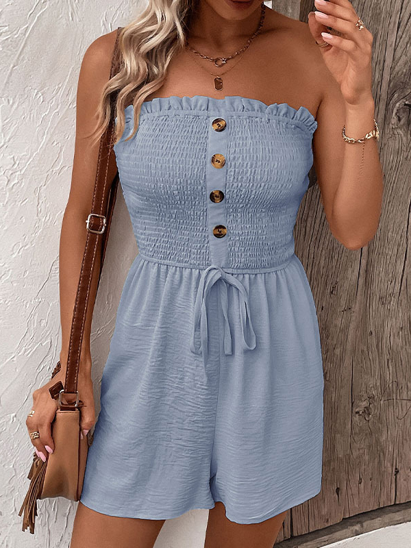 Buttoned Drawstring Elasticity Pockets Split-Joint Loose Plus Size Tube Rompers